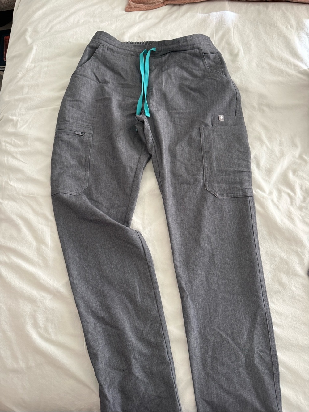 Figs Gray Cargo Pants with Teal Drawstring